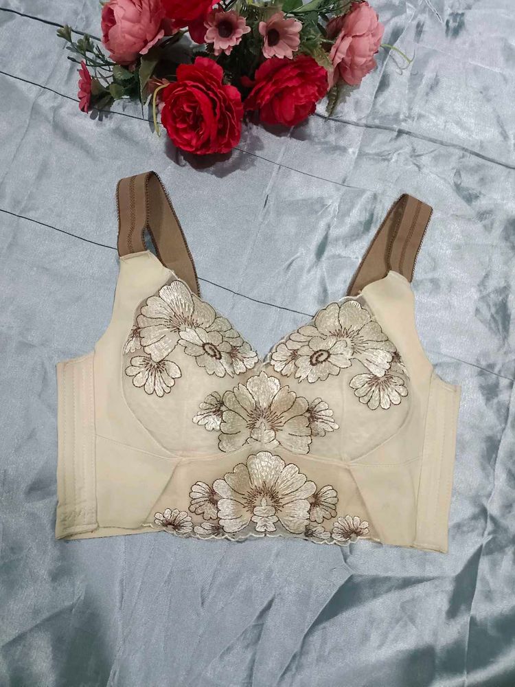 Embroidered Beige Full Coverage Corset Bra