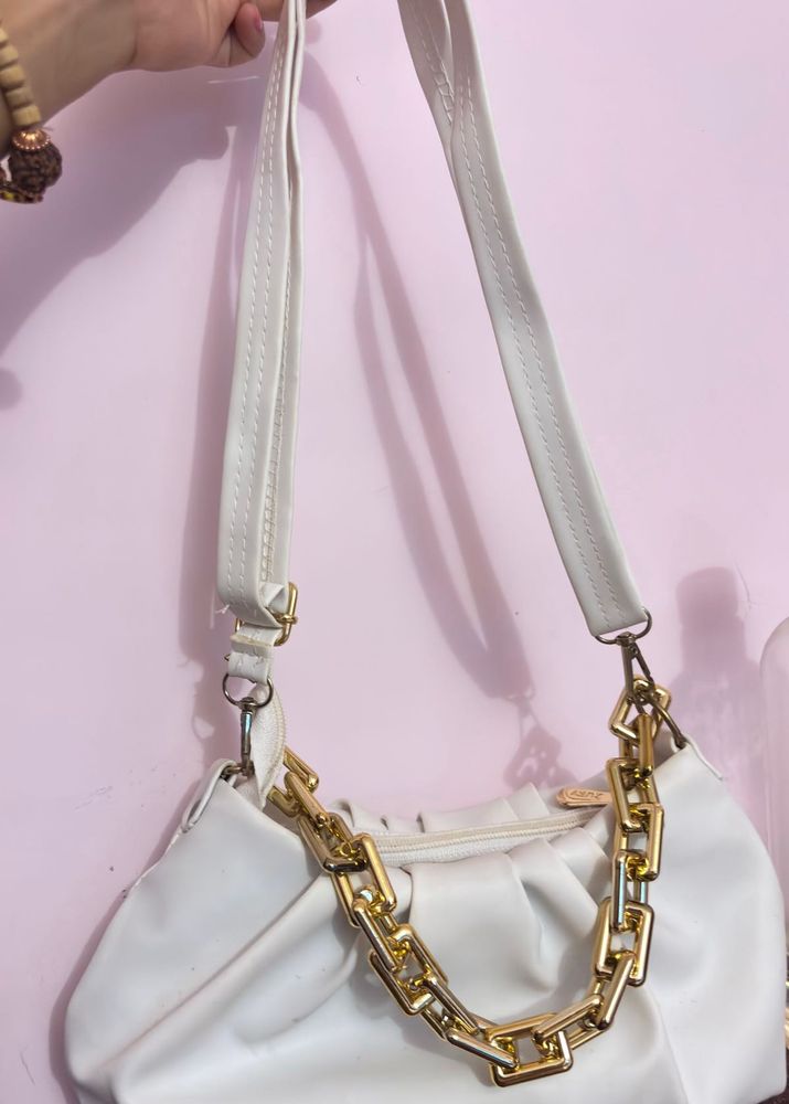 Chic Ruched White Shoulder Bag