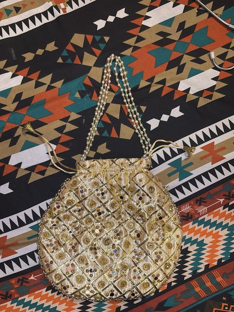 Embroidered Beaded Drawstring Pouch