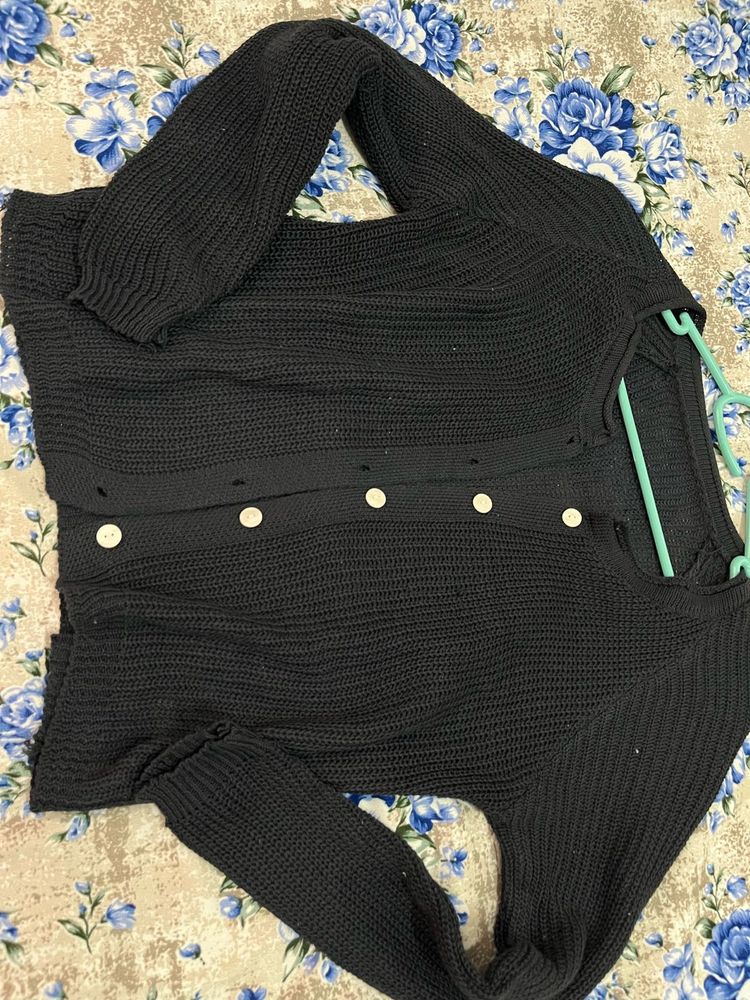 Black Knit Button-Up Sweater