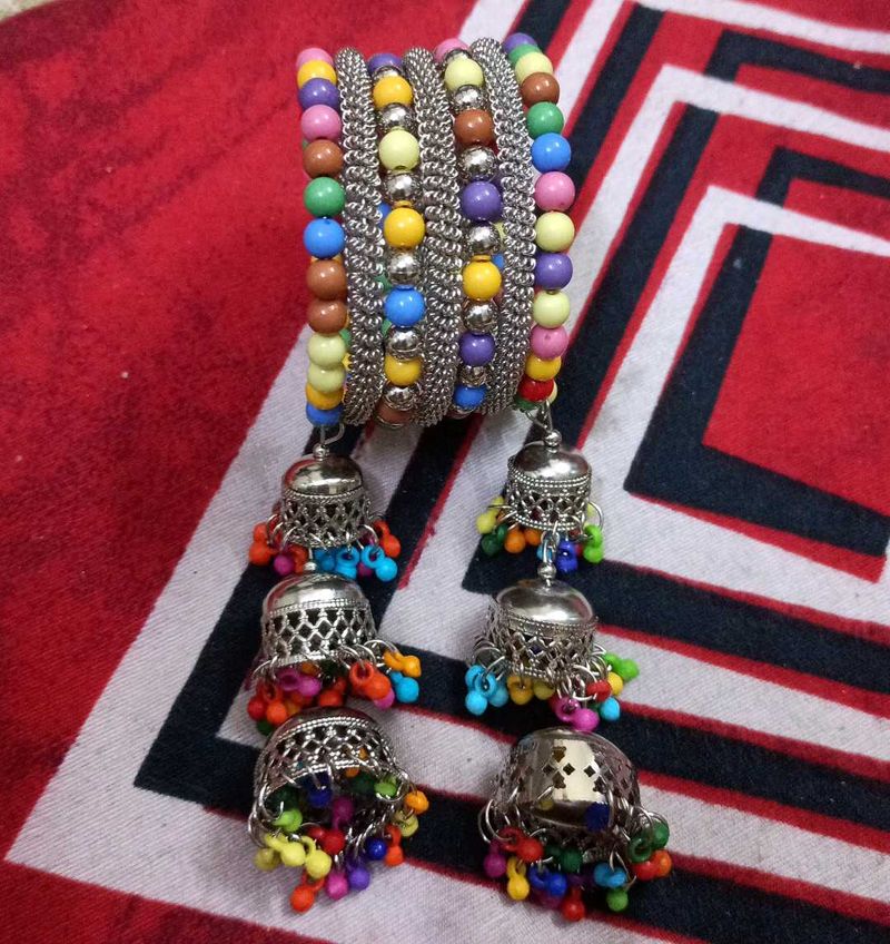 Boho Multicolored Beaded Bangles with Jhumkas