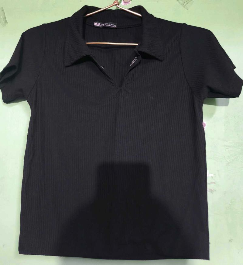 Ribbed Black Polo Top