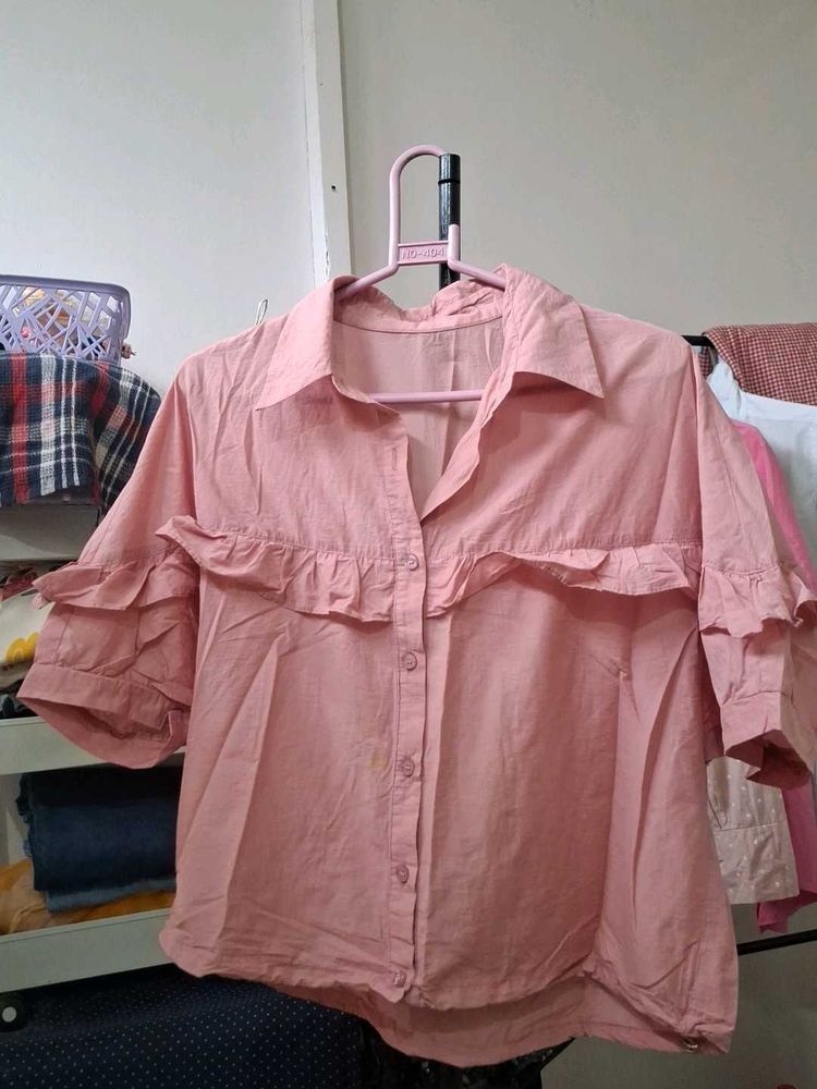 Chic Ruffled Pink Button-Up Top