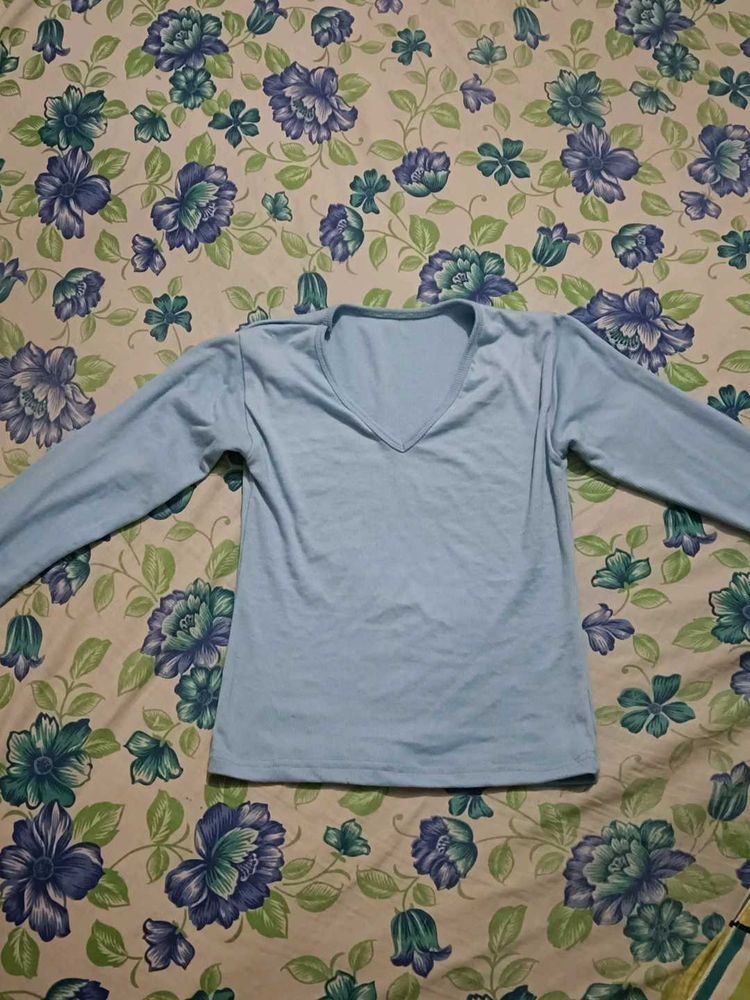 Light Blue V-Neck Full Sleeve Top