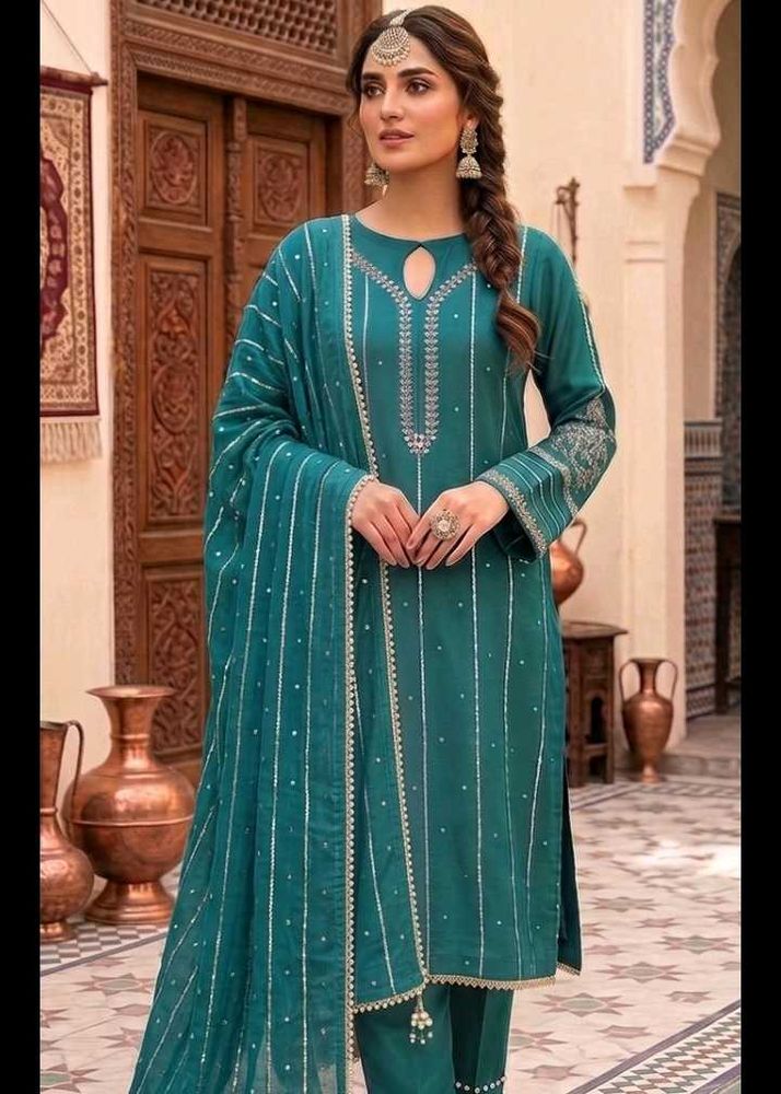 Teal Embroidered Kurta Set with Dupatta