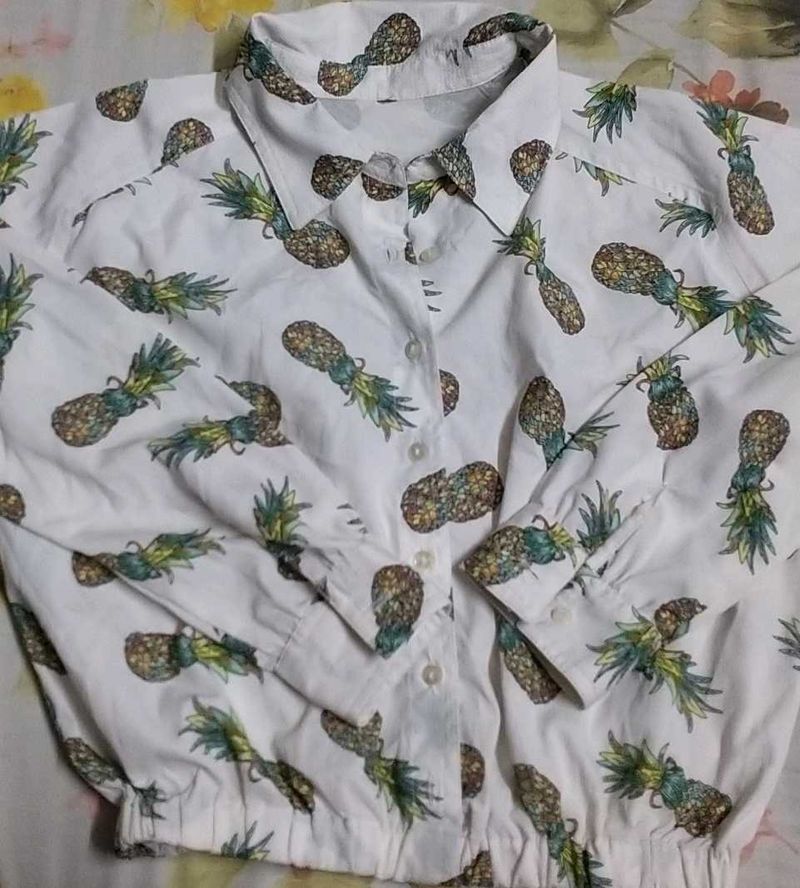Pineapple Print White Button-Up Shirt