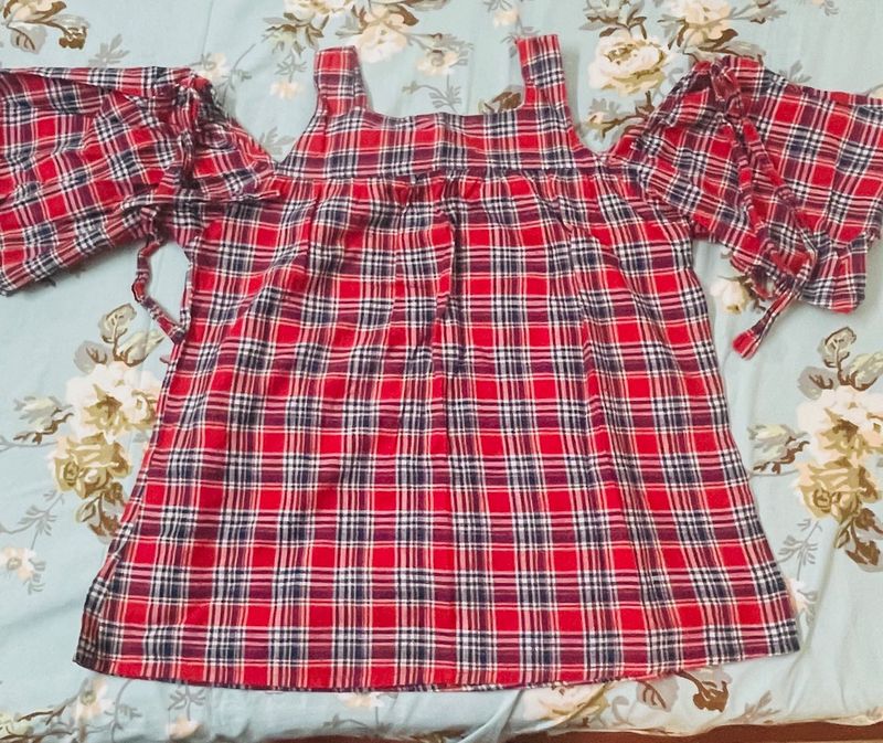 Red Plaid Cold Shoulder Top