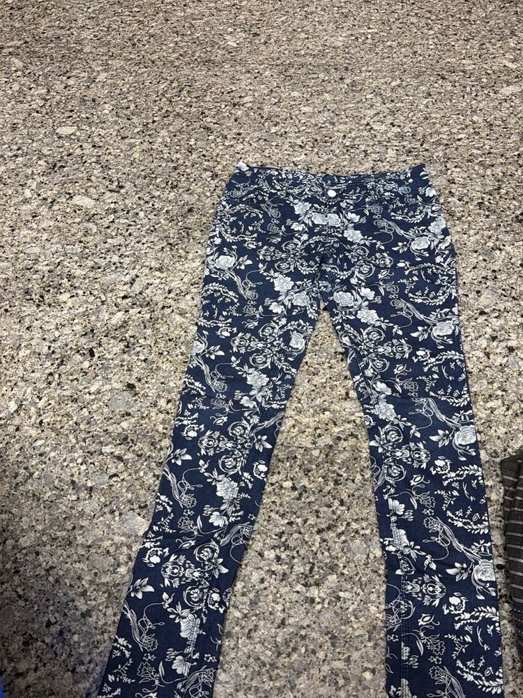 Blue Floral Print Skinny Jeans