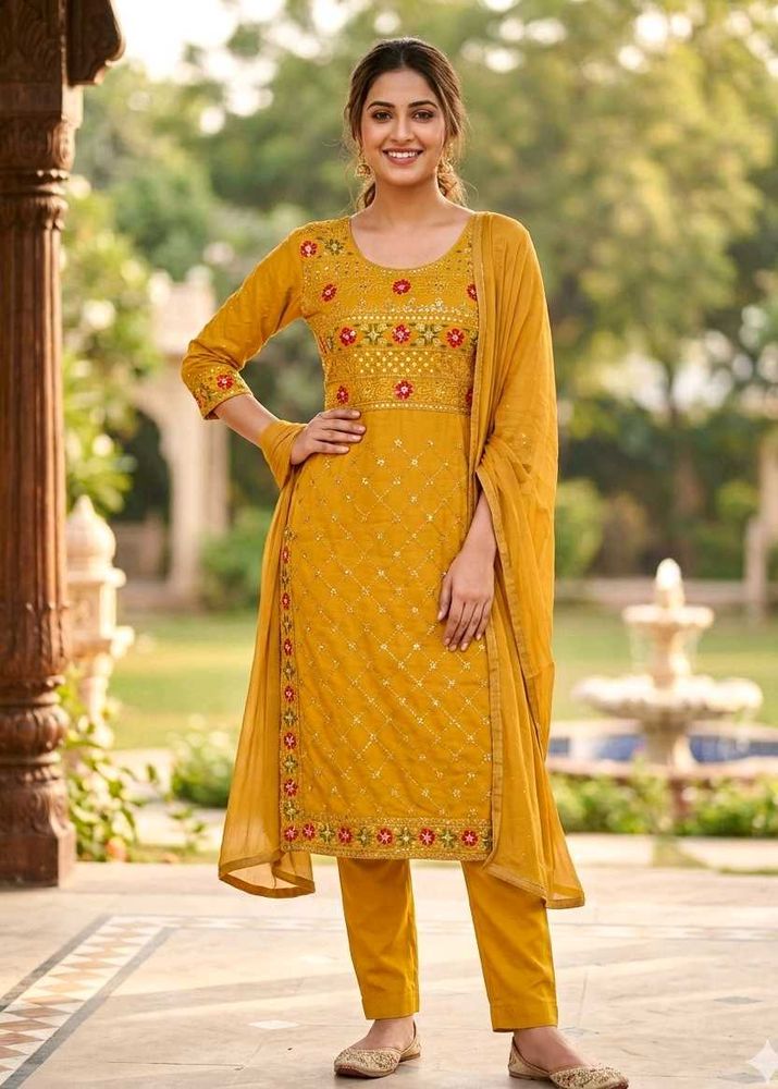 Elegant Yellow Embroidered Kurti Set