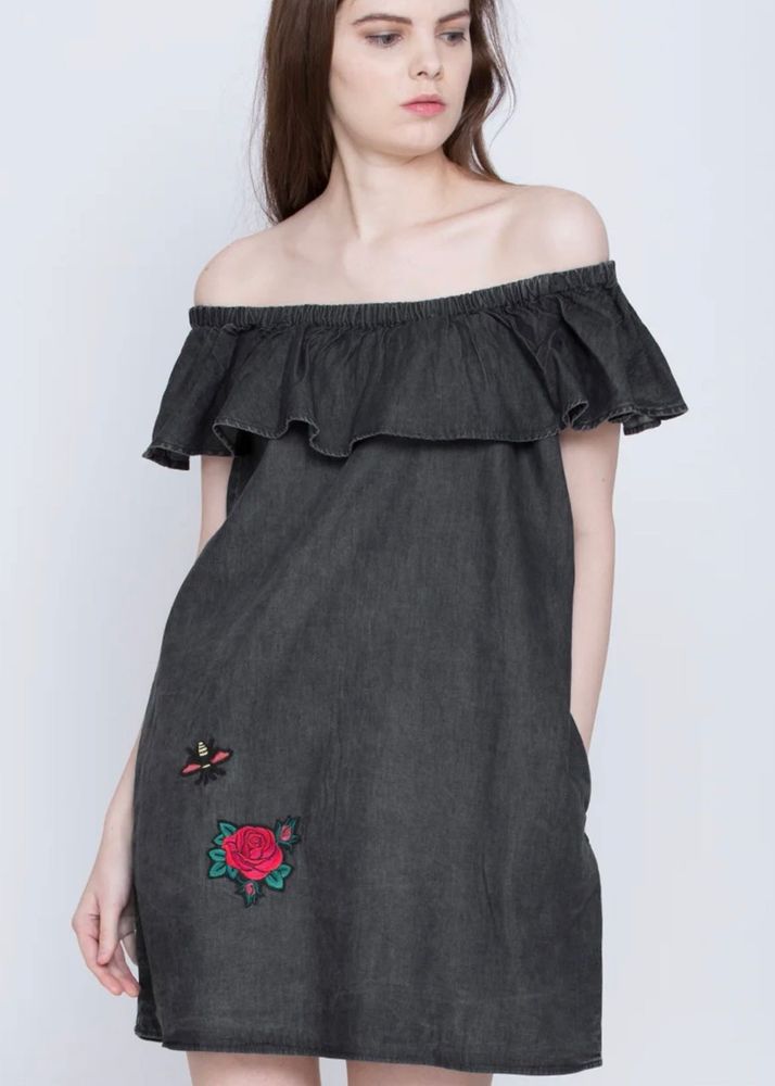 Chic Off-Shoulder Denim Dress with Patches