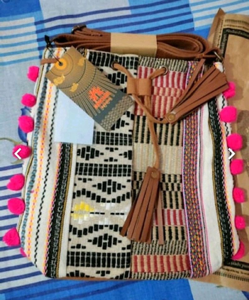 Anouk Muticolor Srylish Sling Bag With Pompom