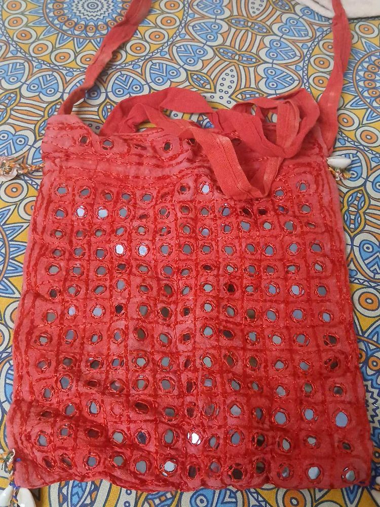 Boho Red Mirror Work Sling Bag