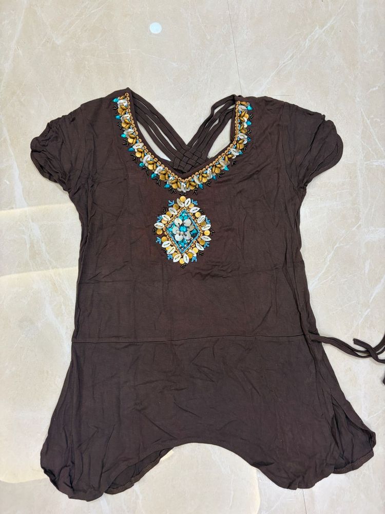 Bohemian Embellished Brown Tunic Top