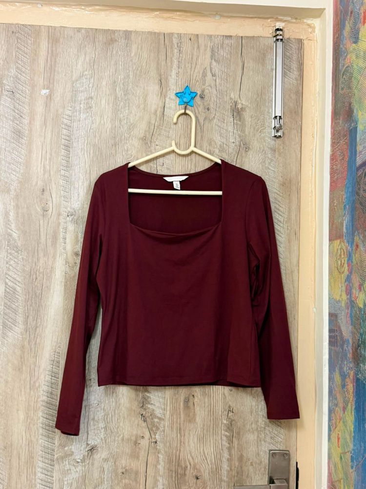 Maroon Square Neck Long Sleeve Top