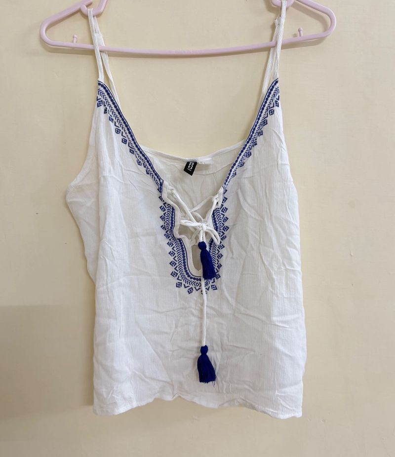 Boho Embroidered Lace-Up Cami Top
