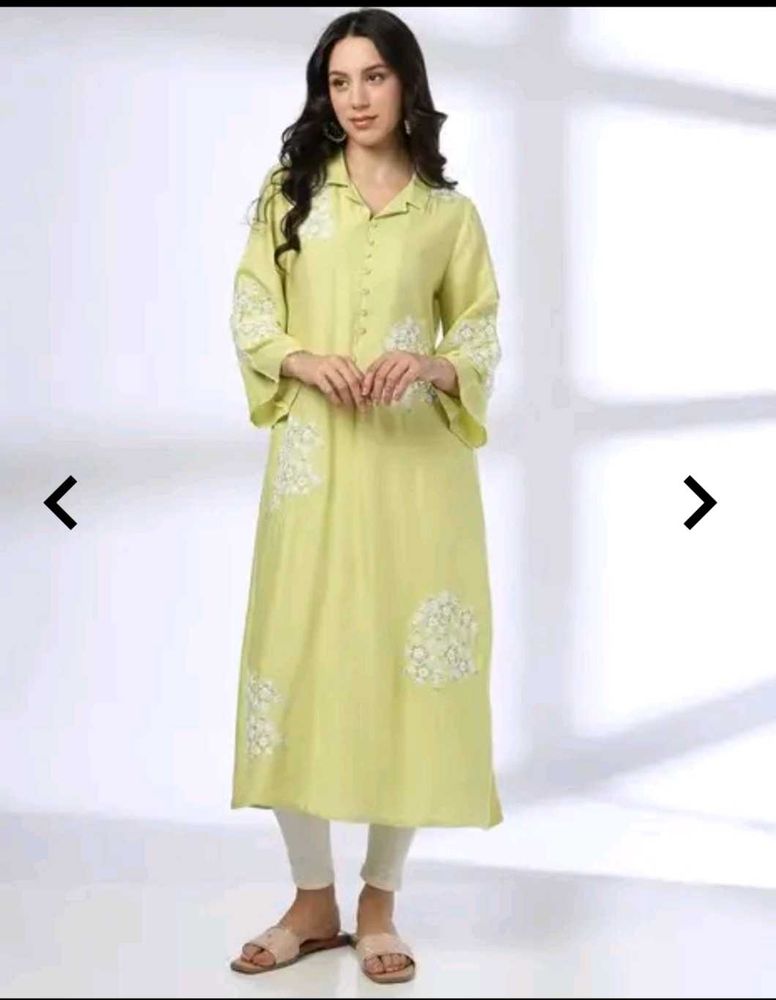 Lime Green Kurta with Embroidery from Ajio