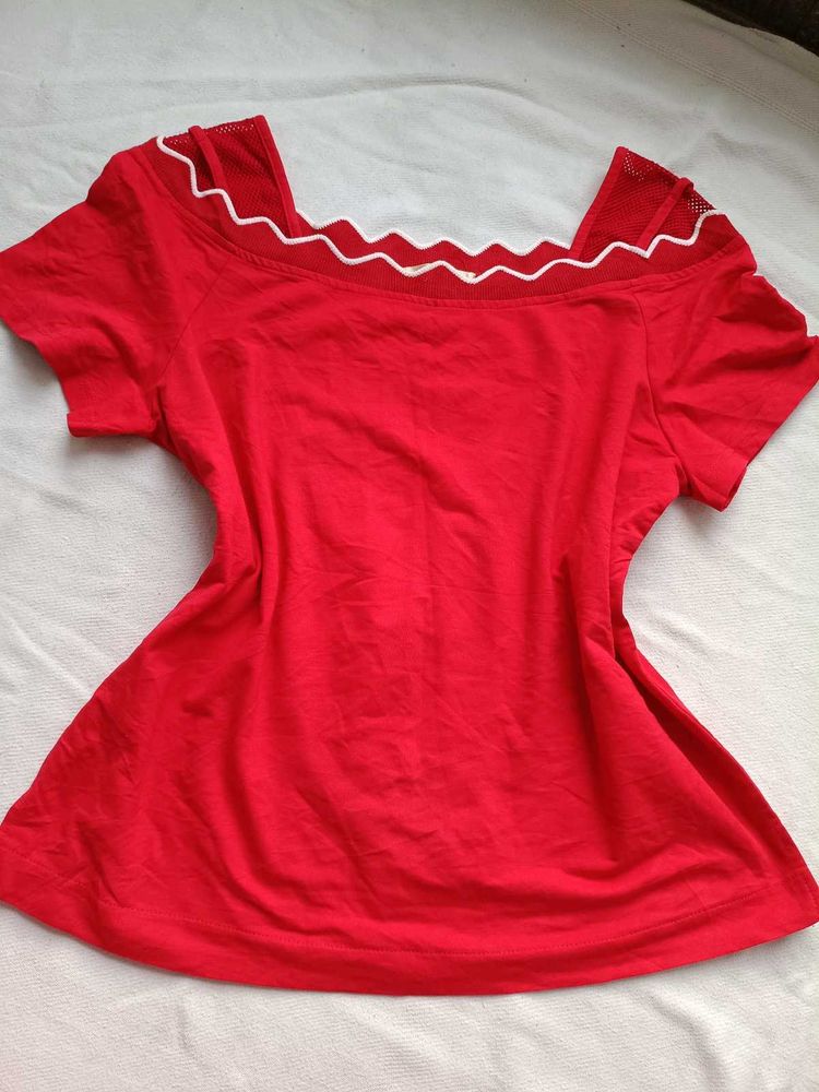 Red Off-Shoulder Top with Zigzag Trim