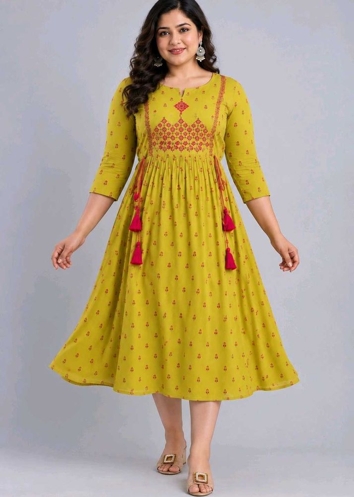 Yellowish Green Embroidered Tassel Dress