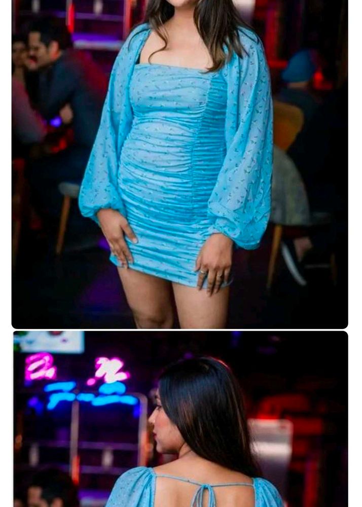 Aqua Blue Ruched Mini Dress with Statement Sleeves