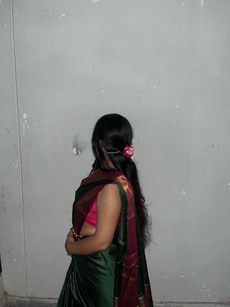 Elegant Dark Green Saree with Pink Blouse