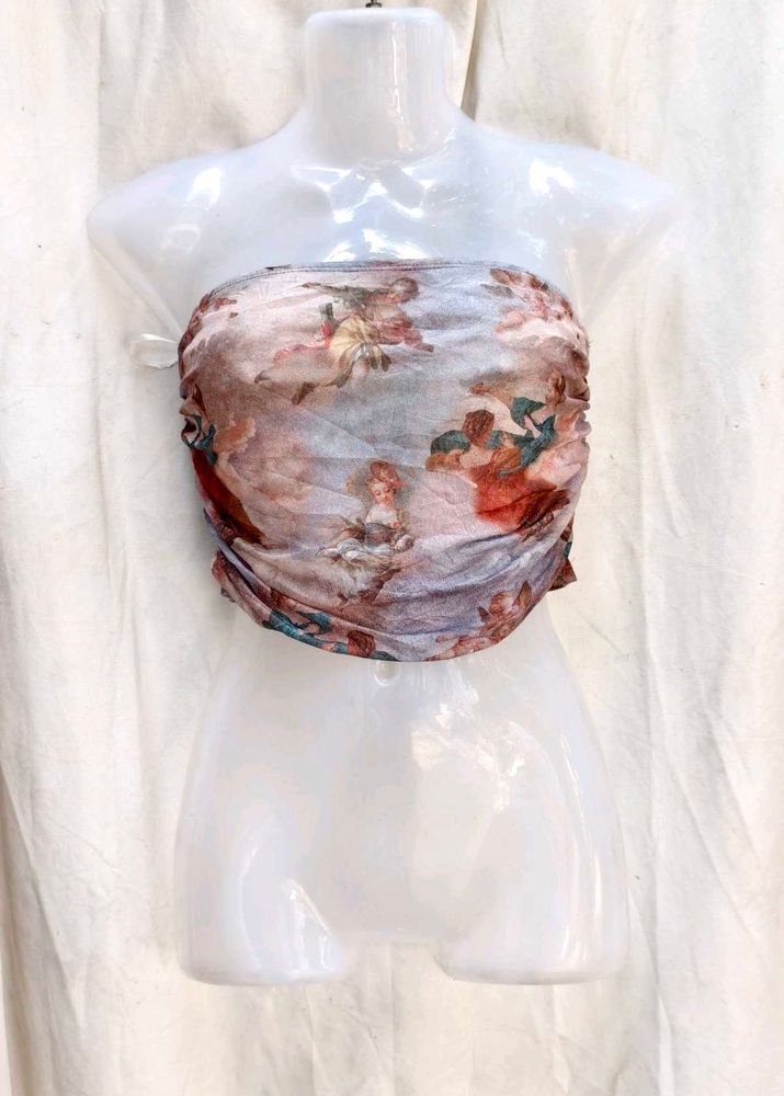 I. Sheer Ruched Tube Top with Cherub Print