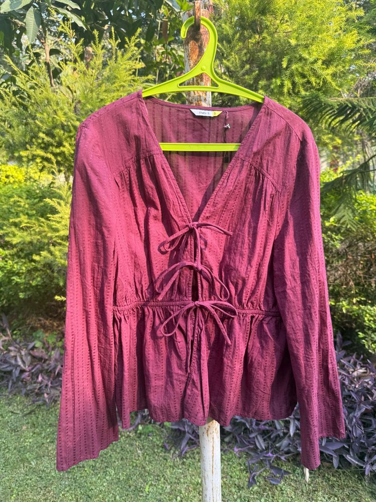Maroon Tie-Front Peplum Top