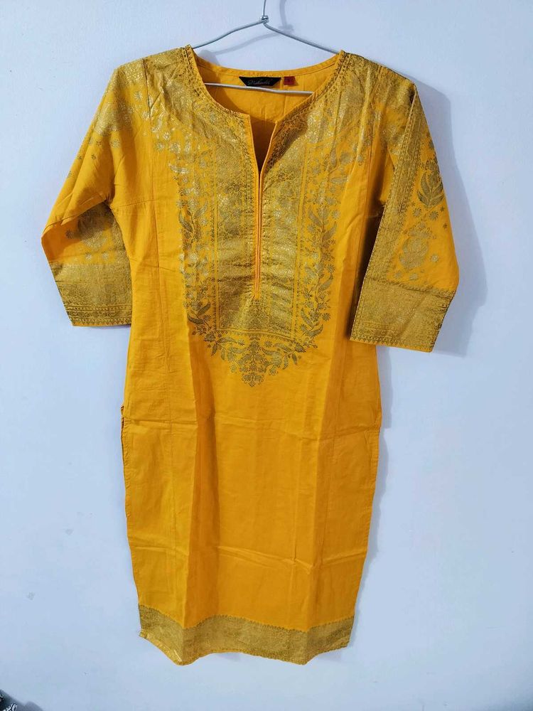 Vishudh brand Yellow Kurti with Gold Print
