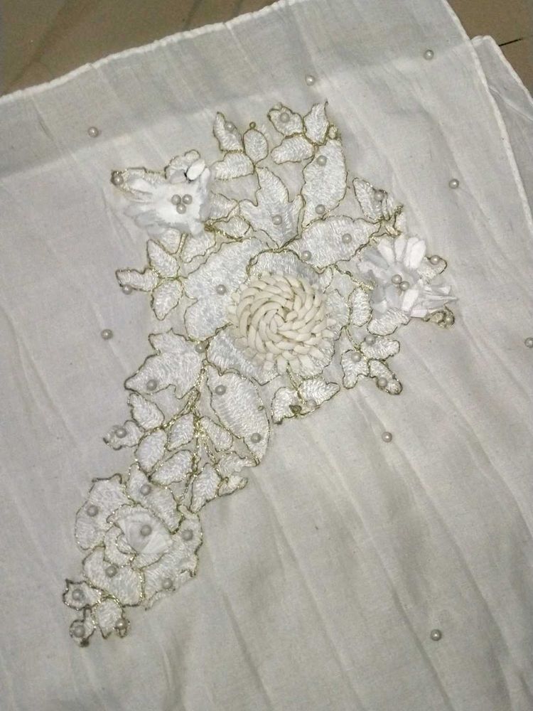 White Embroidered Dupatta with pearl work