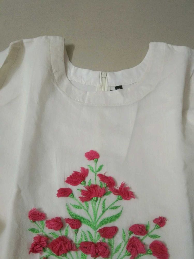 White Top with Embroidered Pink Flowers