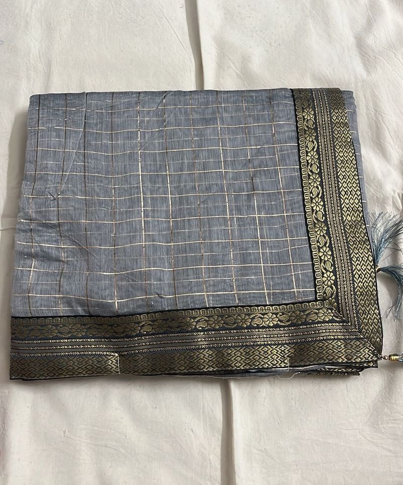 Elegant Grey Saree with Gold Stripes