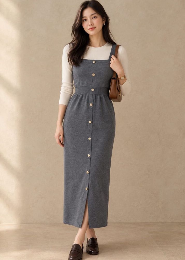 Grey Button-Front Midi Dress