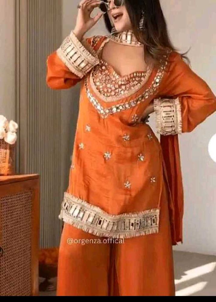 Stunning Orange Kurta Set with Mirror Work