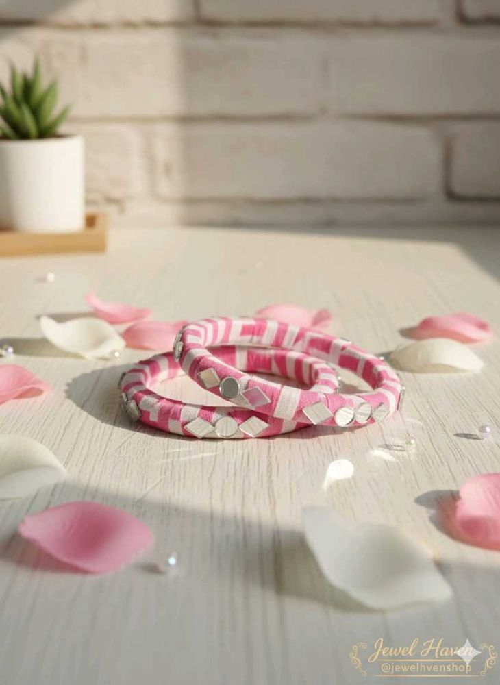Handcrafted Pink &amp; Silver Bangle Set