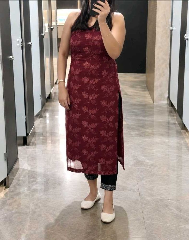 Maroon Floral Print Straight Kurta