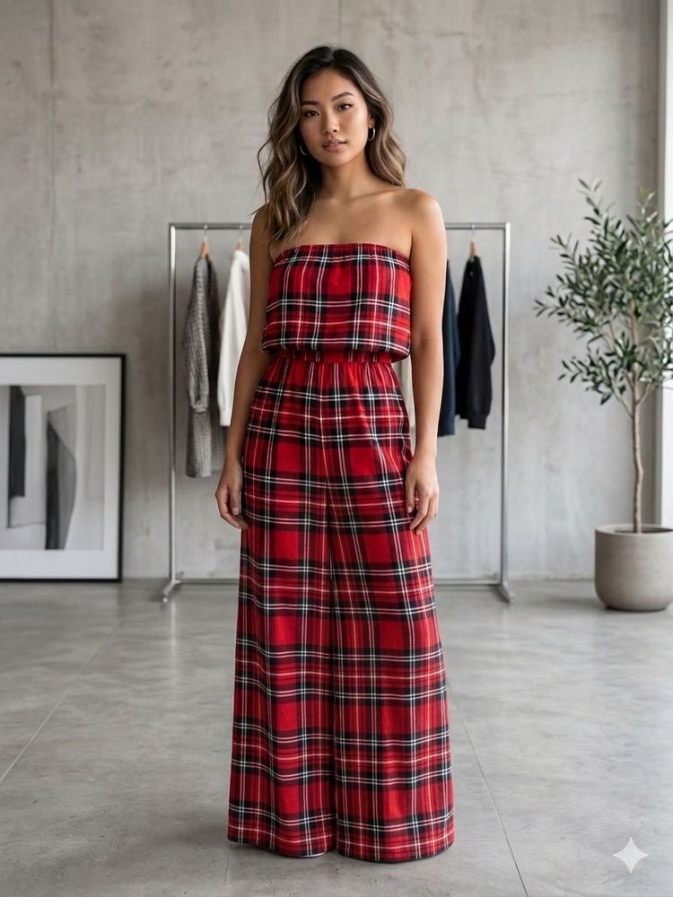 Red Plaid Strapless Wide-Leg Jumpsuit