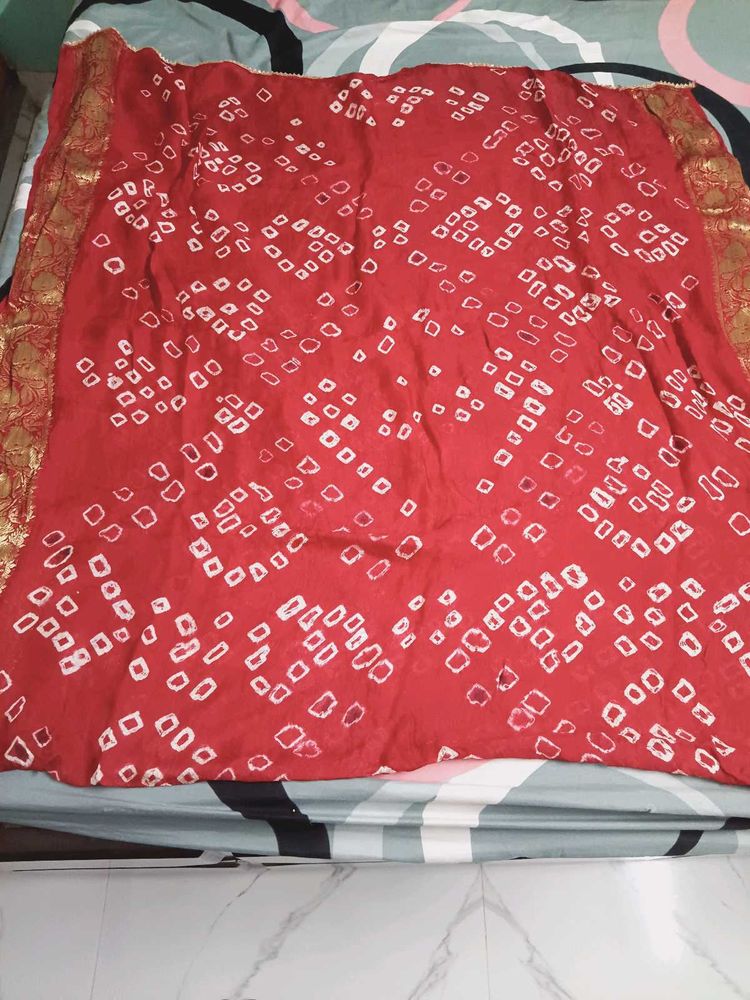 Red Bandhani Duppata with Golden Border