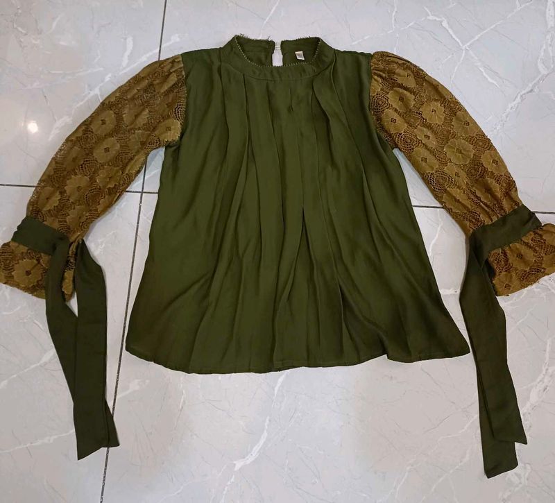 Olive Green top with Lace Sleeves