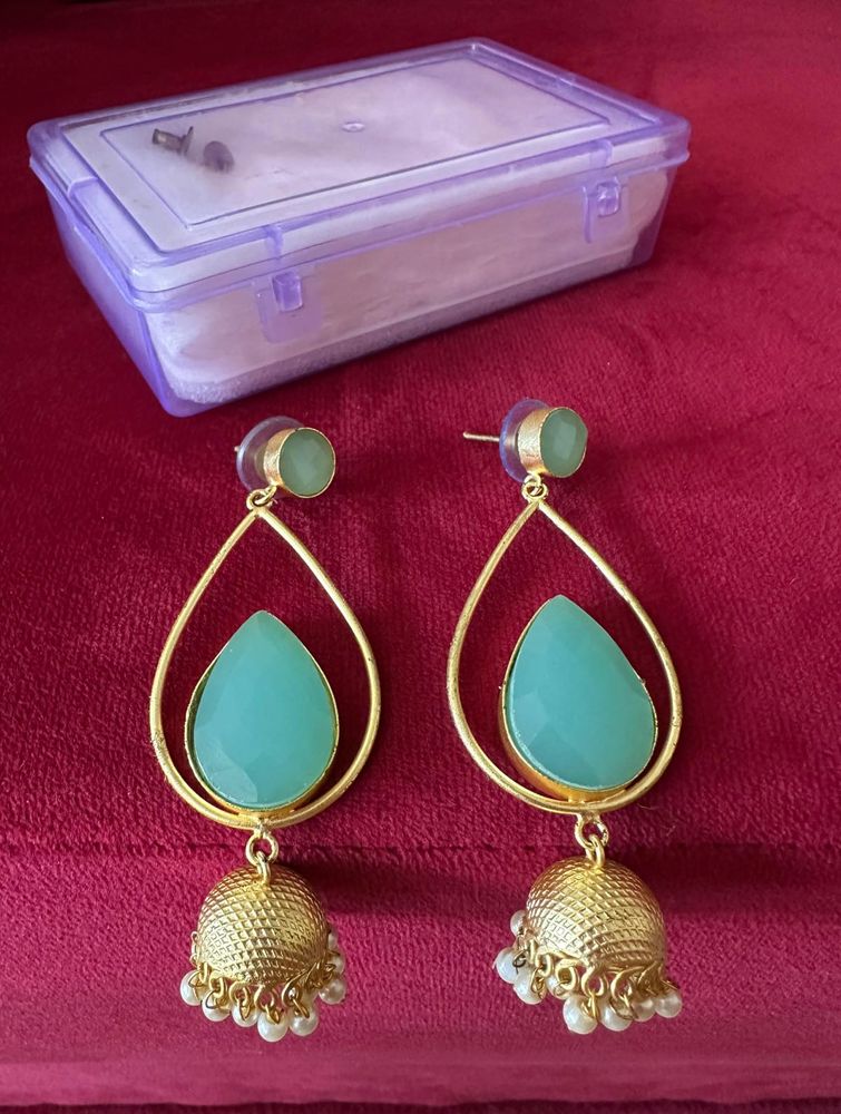 Elegant Teal Stone Jhumka Earrings