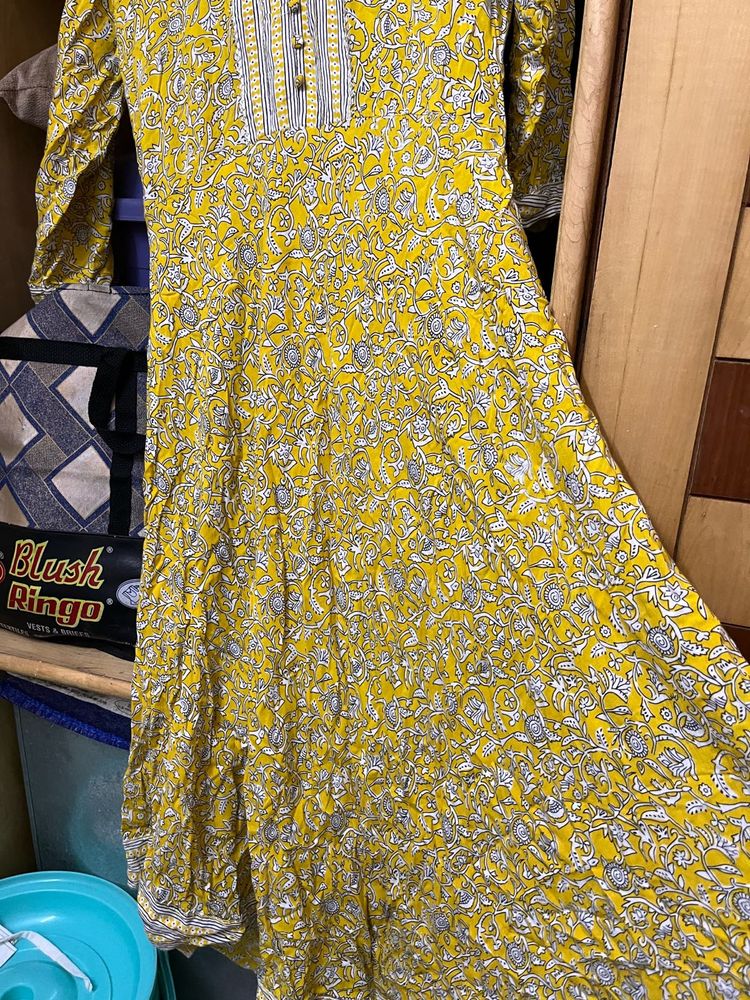Yellow Floral Print Cotton Dress