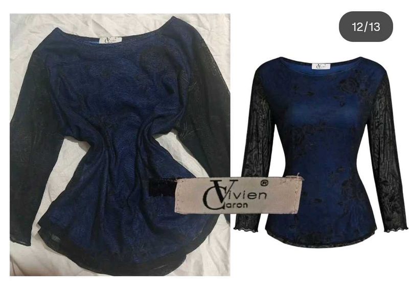 Navy Lace Sleeve Top