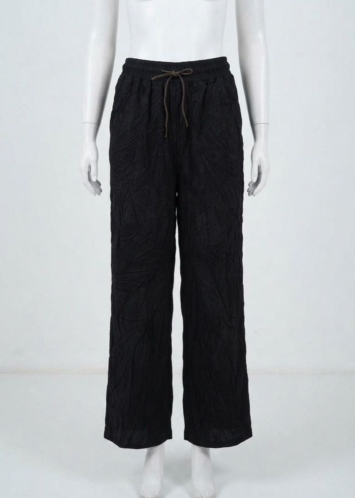 Crinkled Wide-Leg Pants with Drawstring