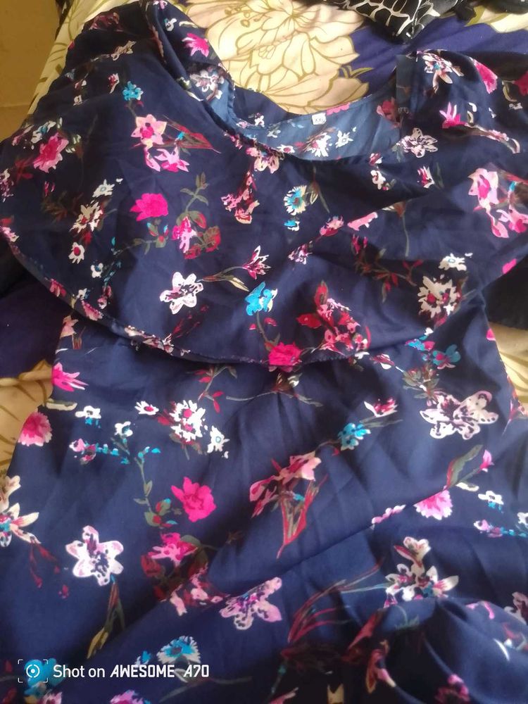 Navy Blue Floral Print Dress