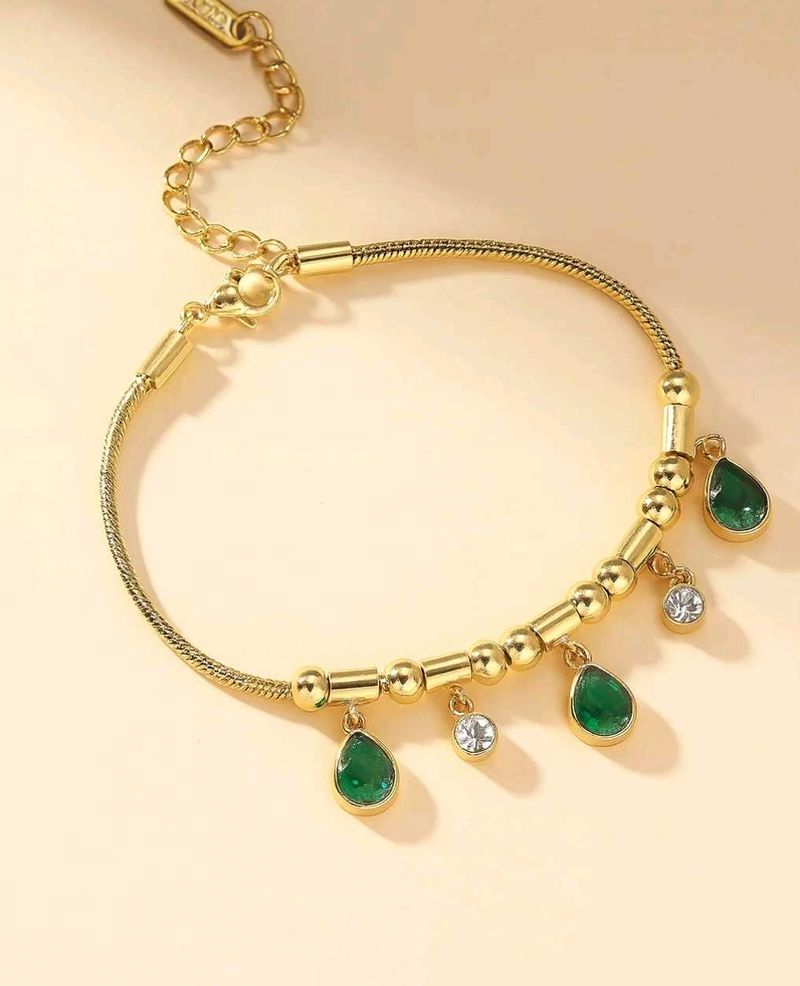 Anti-Tarnish Gold Tone Emerald Drop Bracelet
