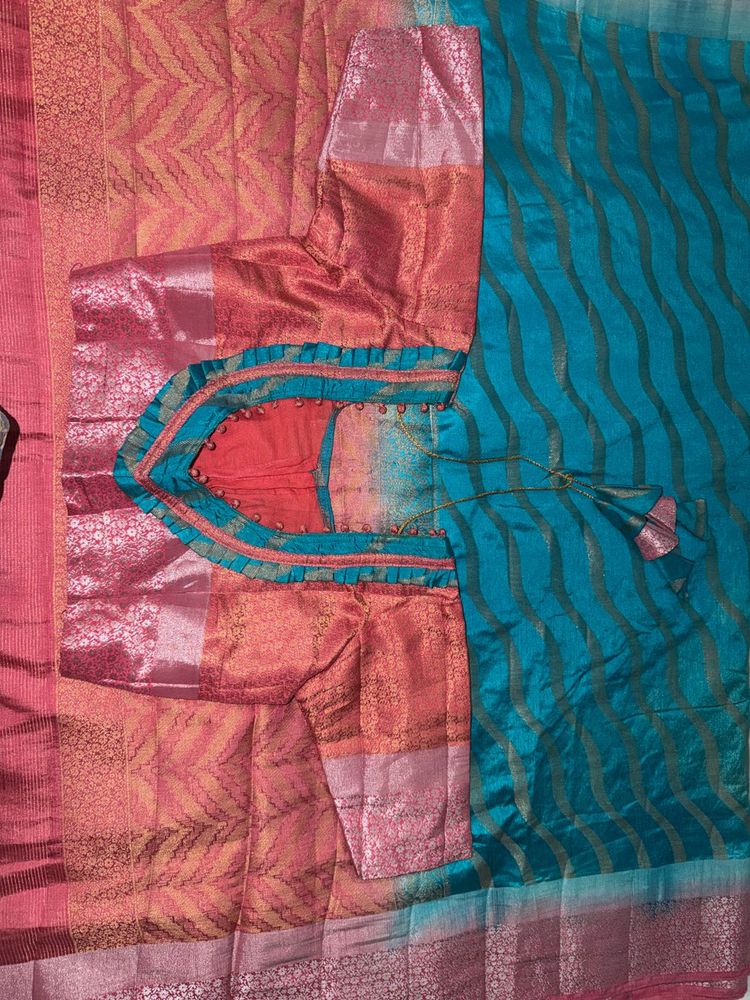 Designer Silk Blouse with Teal Saree