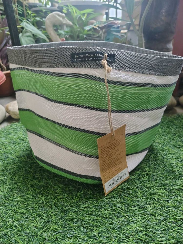 Green &amp; White Striped plant pot cover