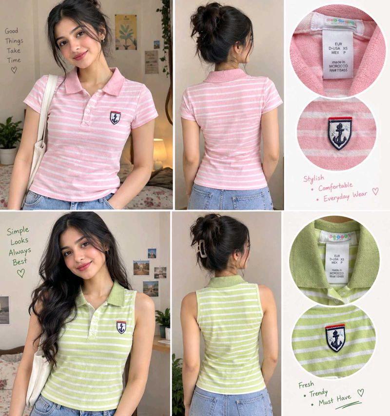 🌸 Pink &amp; Green Striped Polo t-shirt Combo Set 🌸