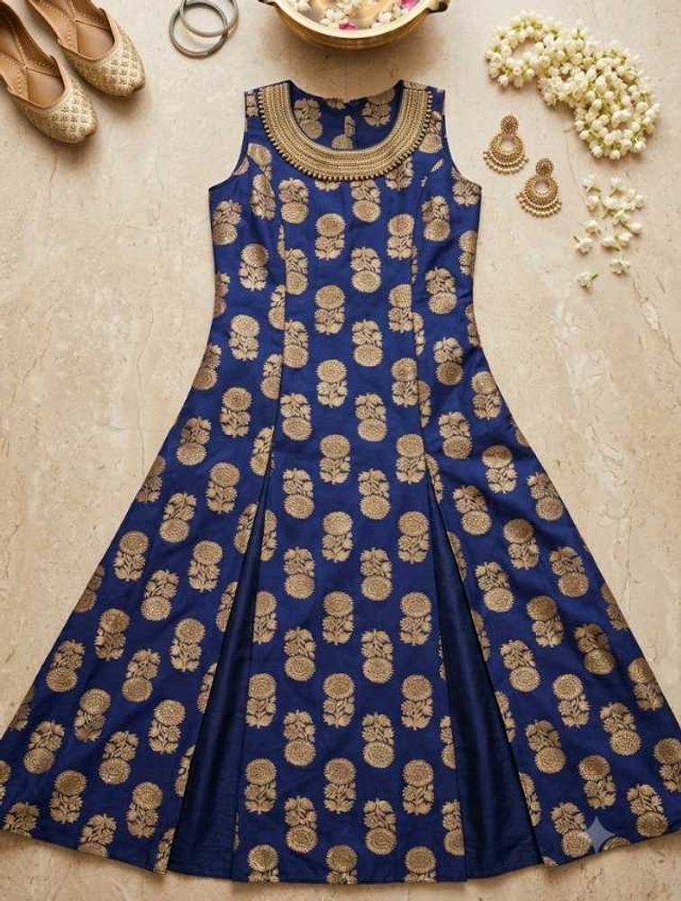 Elegant Blue &amp; Gold Floral Gown