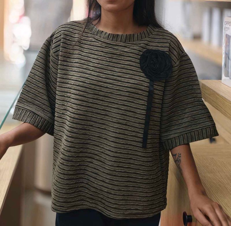 Chic Striped T-Shirt with Rose Detail