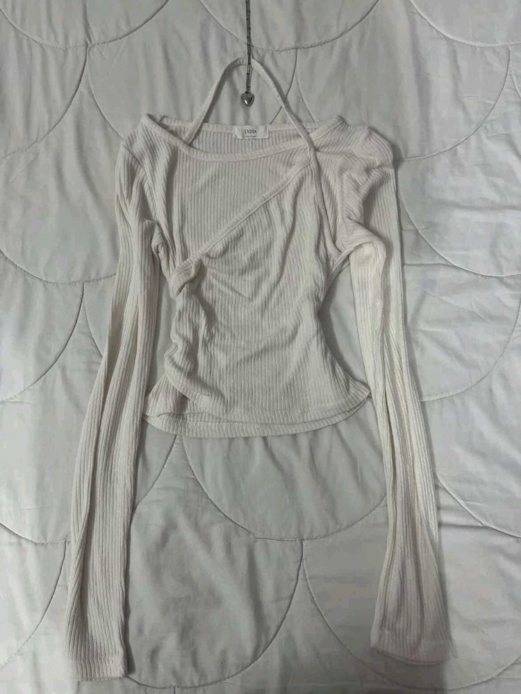 stylish Cream Ribbed Long Sleeve Top