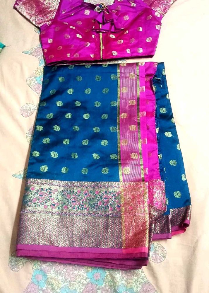 Traditional Indian Blue Silk Saree with Pink Blous